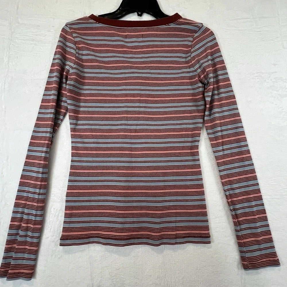 Madewell Womens Shirt Fine Ribbed Henley Tee Striped Vneck Preppy Size Medium - Picture 2 of 8